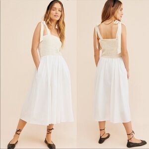 KOURT Drew Midi Dress Smocked Yellow White Bodice Tie Strap Summer Cottagecore